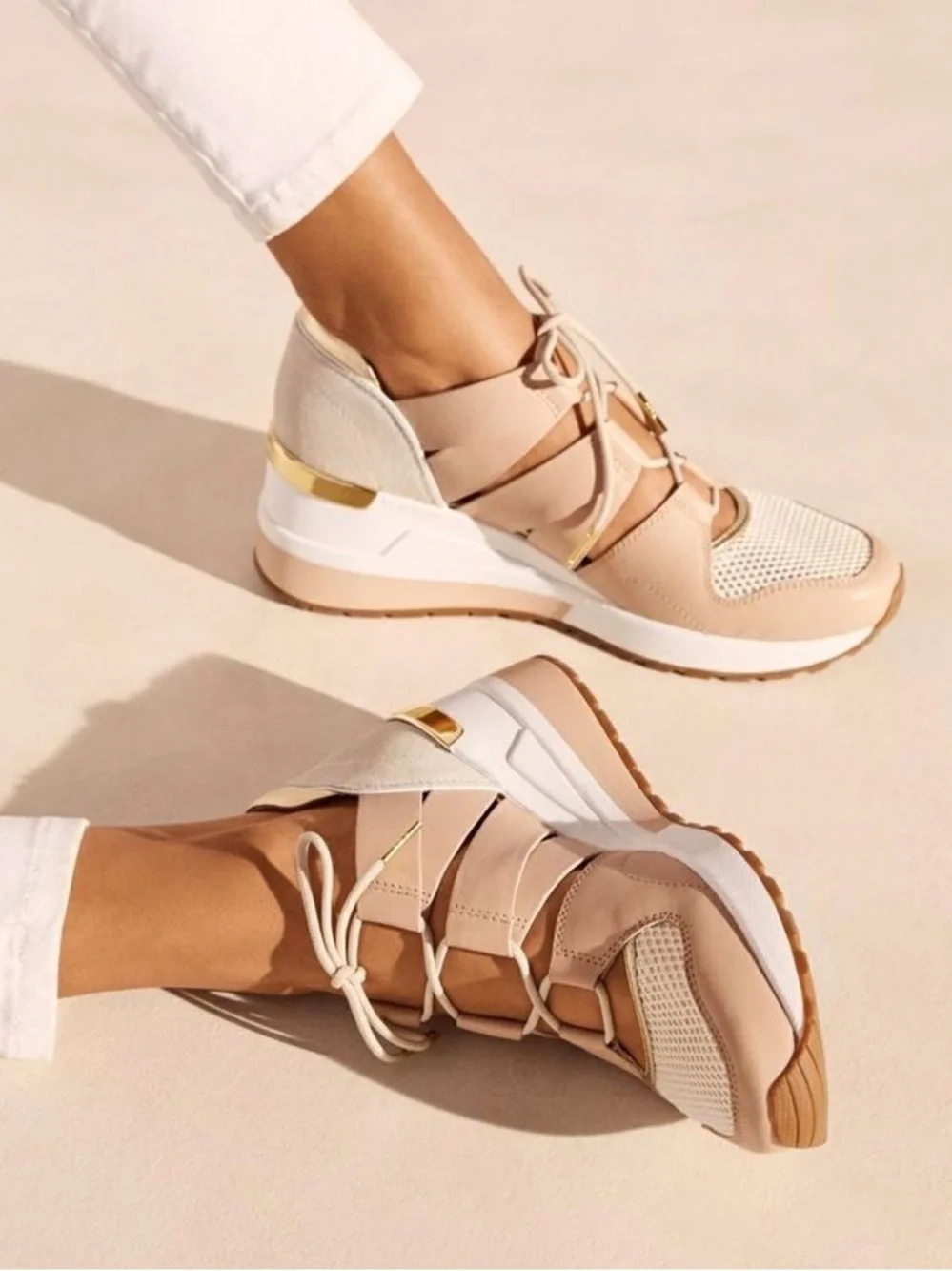 Michael Kors Beckett Trainer Wedge Sneakers Rose Gold Blush Leather Size 9.5